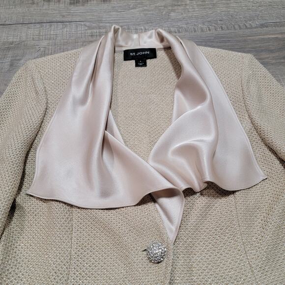 St John Size 6 Wool Blend Shimmer Tweed Blazer Jacket Satin Collar Gold Knit Top - Picture 3 of 7